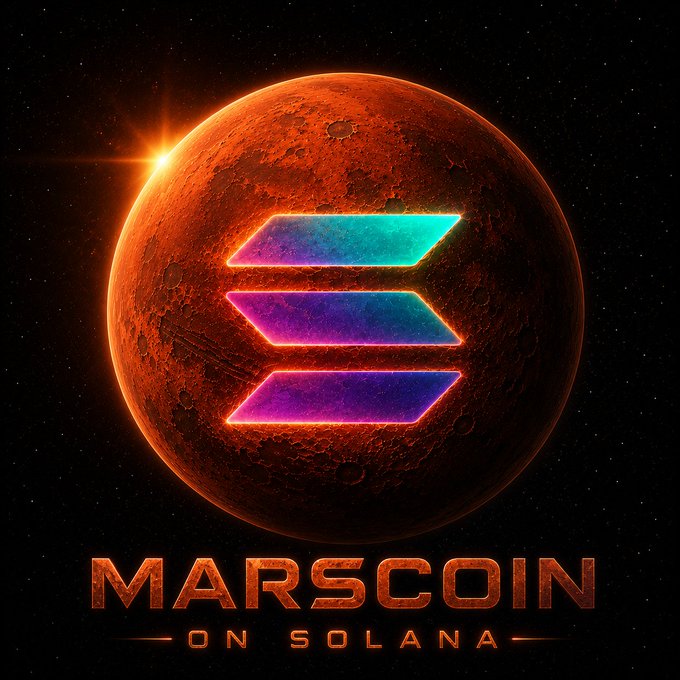 A promotional graphic for 'MARSCOIN ON SOLANA' featuring a red planet resembling Mars with a stylized three-bar logo in glowing neon colors.