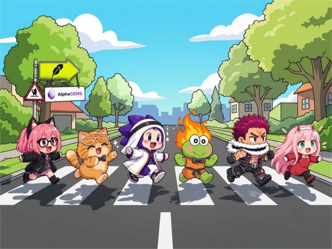 An illustration of six chibi-style characters crossing a street in a parody of the Beatles' Abbey Road album cover, with a sign reading 'AlphaCEMS' in the background.