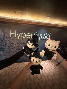 Three plush toys (two cats and one witch-like figure) are held up by hands in front of a 'Hyper Liquid' backdrop.