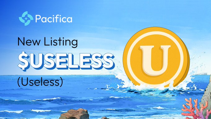 A Pacifica exchange promotional graphic announcing the new listing of $USELESS (Useless), featuring a large golden "U" coin emblem splashing into ocean waves under a sunny sky, with the text "New Listing $USELESS (Useless)" displayed prominently to advertise the token's availability for trading.