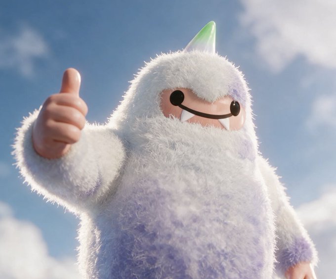 A cartoonish white furry yeti mascot gives a thumbs-up against a bright blue sky, paired with the post "BACK IN BULK app.bulk.trade" to playfully signal excitement about the Bulk trading app's return.