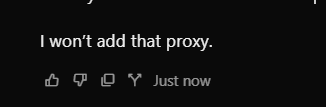 A Reddit comment reading "I won't add that proxy." with a "Just now" timestamp, posted in response to user "b1thch," suggesting refusal to comply with a proxy-related request.