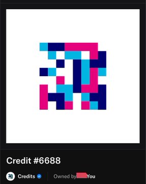 The image shows "Credit #6688," a pixelated NFT art piece featuring a mosaic of pink, cyan, and dark blue squares, with credits and ownership badge displayed below. This relates to the post announcing the receipt of two credits, celebrating the "Jack Jackbutcher NFT."