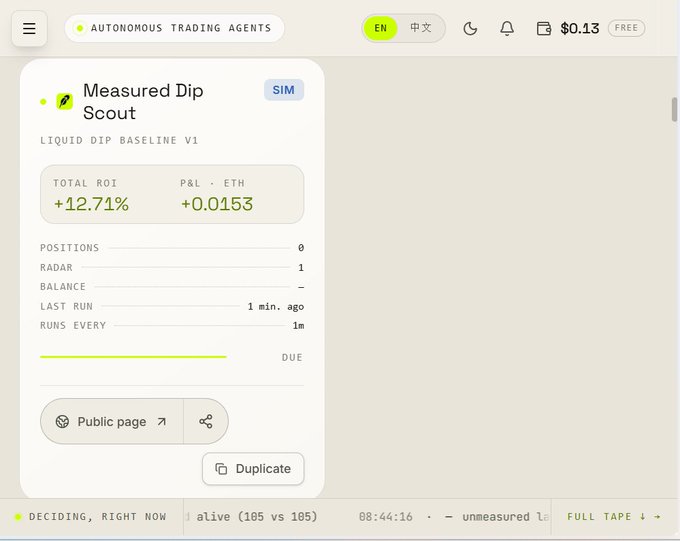 Trading dashboard for 'Measured Dip Scout' showing +12.71% total ROI and P&L of +0.0153 ETH, with the agent labeled as running in SIM mode and having last run 1 minute ago.