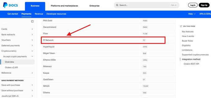 A screenshot of PayPal's developer documentation page showing the Accept crypto payments feature list, with a red arrow and box highlighting "Pi Network (PI)" among supported cryptocurrencies. The image confirms PayPal's updated crypto integration documentation now includes Pi Network alongside other cryptocurrencies like PAXG, Decentraland (MANA), and Flow (FLOW).