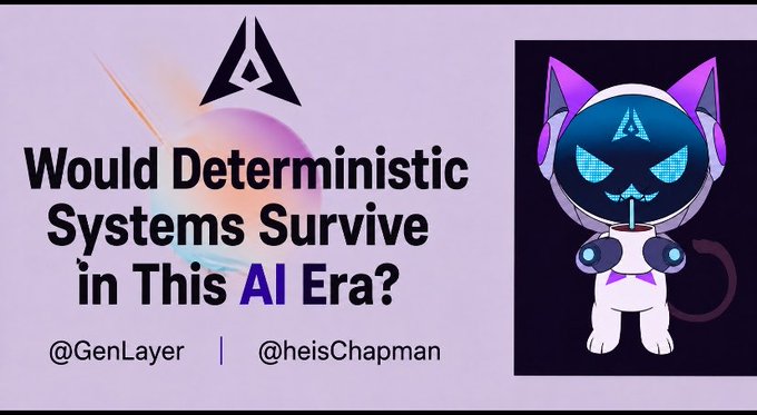 A promotional graphic asking 'Would Deterministic Systems Survive in This AI Era?' with the GenLayer logo, handles @GenLayer and @heisChapman, and a cat mascot wearing headphones.