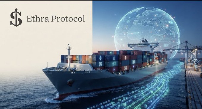 A promotional image for 'Ethra Protocol' showing a cargo ship with shipping containers, overlaid with a digital globe and binary code graphics representing global trade.