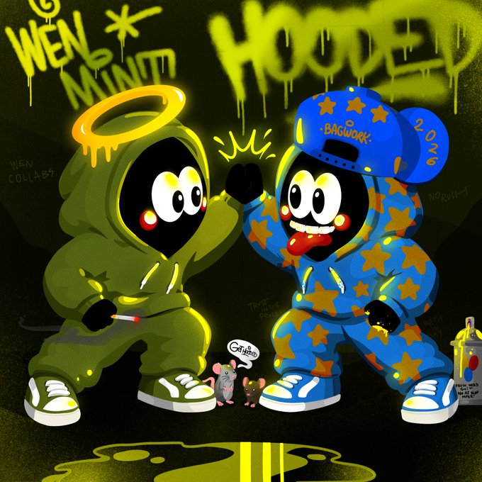 A graffiti-style illustration features two hooded cartoon characters—one green with a halo holding a cigarette, and one blue with stars and a "Bagwork 2026" cap—under the neon text "WEN MINT?" and "HOODED," with a small mouse saying "Cheese" and a paint can labeled "Buy this dip buy hood" at the bottom, visually matching the post's hype for an upcoming NFT mint and collaboration.