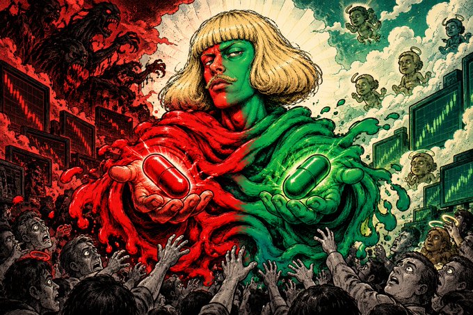 A vibrant, stylized illustration depicting a blonde figure with a half-green face holding out two glowing capsules—one red and one green—surrounded by reaching hands and floating cherub-like figures.
