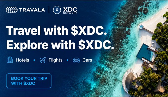 Travel advertisement banner for Travala and XDC Network promoting "Travel with $XDC. Explore with $XDC." with options for Hotels, Flights, and Cars.