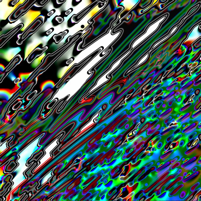 A vibrant digital artwork featuring swirling, psychedelic patterns with diagonal streaks of bright neon colors—green, blue, red, and white—interwoven with glossy black liquid-like textures, embodying the abstract and wordless style requested.