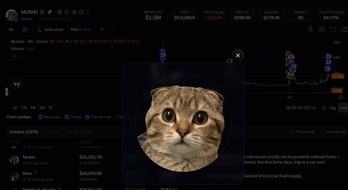 The image shows a cryptocurrency trading platform displaying the MUSHU token, with stats including a $1.5M market cap, $0.0016 price (+12.14% 24h change), and a viral cat photo overlaid in the center of the chart. The screenshot backs the post's claim that MUSHU is a "cat runner" token, highlighting key metrics like 3,575 holders and circulating supply data to support the argument that 90%+ of its supply is out of circulation, creating potential for a supply shock.