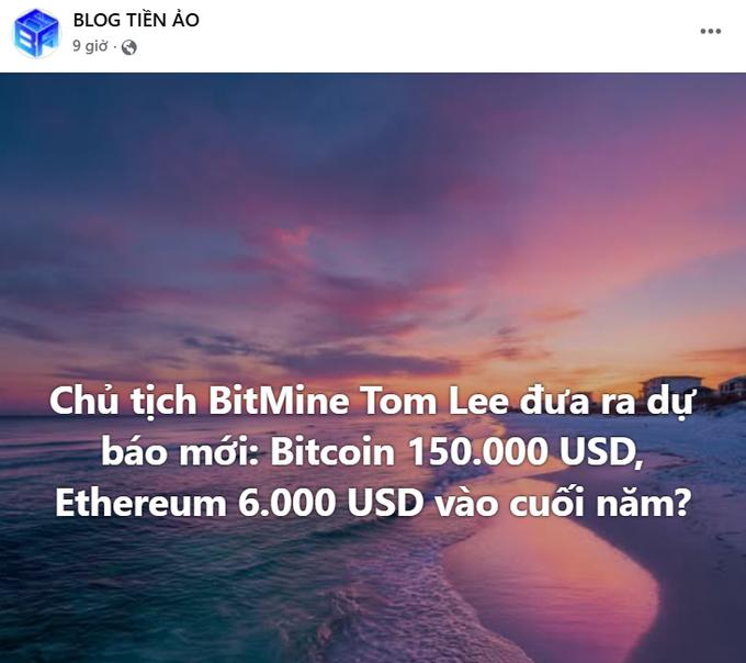 Facebook post from 'BLOG TIỀN ẢO' featuring a sunset beach background with Vietnamese text reading 'Chủ tịch BitMine Tom Lee đưa ra dự báo mới: Bitcoin 150.000 USD, Ethereum 6.000 USD vào cuối năm?' (BitMine Chairman Tom Lee's new forecast: Bitcoin $150,000, Ethereum $6,000 by year-end?).