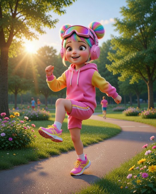 In this scene, there's a cartoon girl jumping with excitement through a grassy area near flowers. A man can be seen walking behind her as they both enjoy their time outdoors. The background of the photo shows trees under a sunny sky, adding an element of serenity to the image.