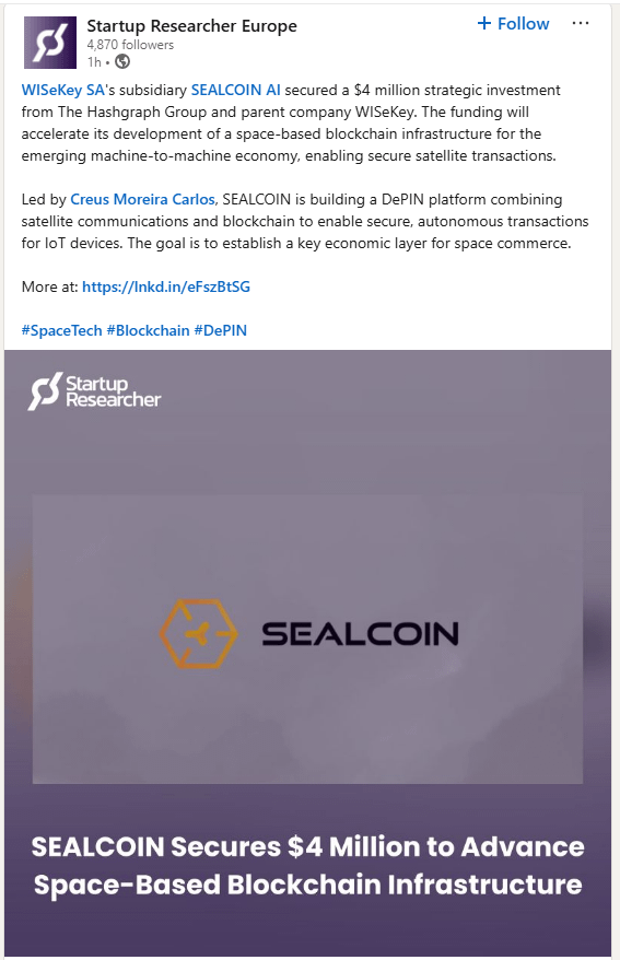 The image presents a screenshot of a social media page, likely a news website or blog. The main headline features the name "SEALcoin" at the top, which is used for the text on the webpage. Below this title, there's a photo that includes an illustration of a honeycomb design and has white and purple colors to it. 

In addition to these elements, there are other details provided in the image such as an embedded Facebook link within the post. The overall context seems to be about a business opportunity or development related to SEALcoin or blockchain technology.