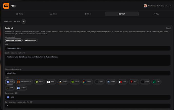 A screenshot of the Pager app's 'Post a job' interface in the Work tab, showing fields for title, details, reference link, payment options (including BTC, ETH, and others), and a bonus amount of 0.00.