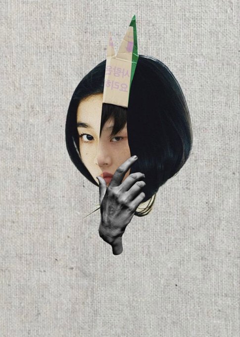 A collage artwork titled "Happy to share that The Face Between Faces has been collected for 200 xtz" features a woman's cutout face with a small paper crown reading "Miss Asia" on her head, complemented by a black-and-white hand gesture. The image visually represents the artwork being sold for 200 xtz to collector @AkiraD.