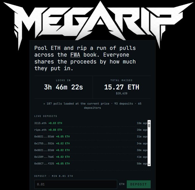 A screenshot of a website called 'MEGARIP' describing an ETH pooling system where participants pull across the 'FWA book', showing 15.27 ETH raised, a countdown timer of 3h 46m 22s, and a list of live deposits with addresses.
