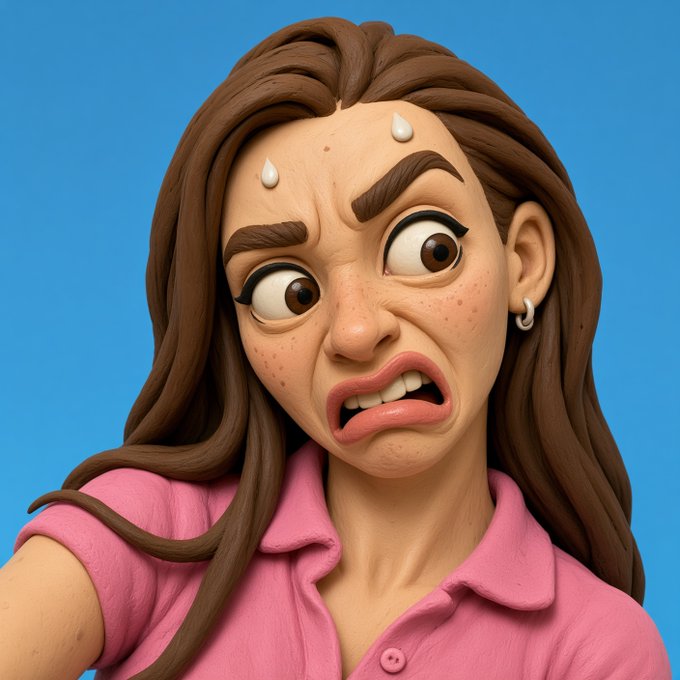 A 3D animated woman with freckles and brown hair wears a worried, disgusted expression with sweat drops on her forehead, dressed in a pink collared shirt against a blue background.