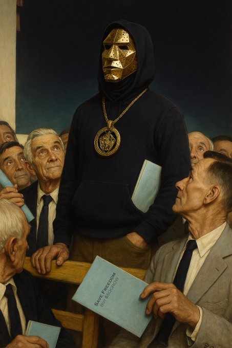 A painting depicting a figure in a black hoodie and gold hockey mask standing among older men in suits, with one holding a book titled 'SAVE FREEDOM,' referencing the Freedom Convoy movement.
