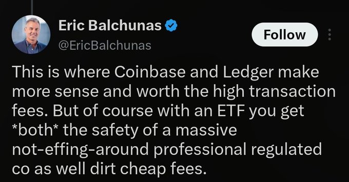The image shows a tweet from Eric Balchunas (@EricBalchunas) explaining why Coinbase, Ledger, and Bitcoin ETFs justify higher fees by offering the safety of large, regulated companies. This supports the accompanying post's insight that Balchunas questions Coldcard's security due to its small 5-person team, contrasting it with established regulated firms.