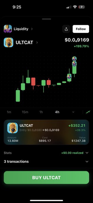 A mobile app screenshot displaying a 'ULTCAT' token chart on the 'Liquidity' platform, showing a price of $0.0₄9169 with a +199.79% gain and a 'BUY ULTCAT' button.