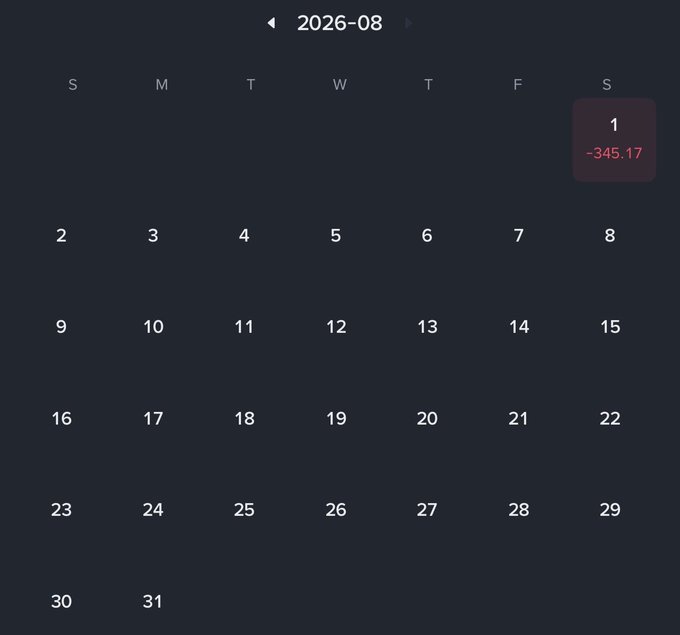 A dark-themed calendar app screen displaying August 2026, with August 1st highlighted in a red box showing a value of '-345.17' in red text.