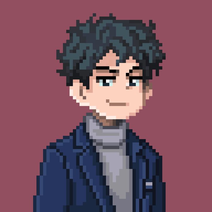 A pixel art portrait of a young man with messy dark hair, green eyes, and a slight smile, wearing a dark blue jacket over a gray shirt against a solid maroon background.