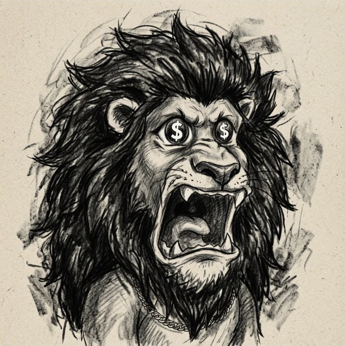 A fierce roaring lion with a flowing mane is depicted in a detailed charcoal-style sketch, featuring dollar signs ($) drawn in place of its pupils and wearing a chain necklace.