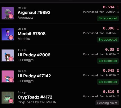 An NFT marketplace interface showing successful purchases of Argonaut #9892, Meebit #7808, Lil Pudgy #2006, and Lil Pudgy #17142, with one CrypToadz #4172 pending.