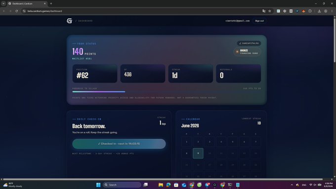 The image shows a computer screen displaying a website called "Cardium Games" that has a calendar feature, likely for tracking game progress or events. The website also has a section where users can sign up for the waitlist, with a link provided in the caption of the image. This indicates that the post is related to Cardium Games and possibly about joining the waitlist for an upcoming card game event.