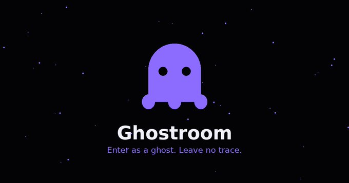 A logo screen for 'Ghostroom' featuring a purple ghost icon on a black starry background with the tagline 'Enter as a ghost. Leave no trace.'