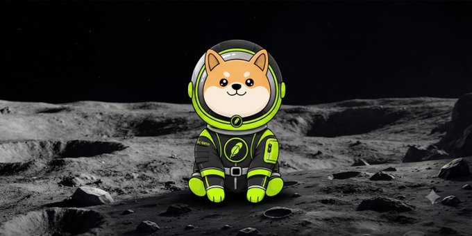 A cartoon illustration of a smiling Shiba Inu dog wearing a neon green astronaut suit and helmet, sitting on a rocky lunar surface against a starry black sky.