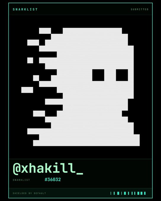 A digital 'SNARKLIST' profile card with ID #36032 showing a pixelated ghost icon, credited to '@xhakill_'.
