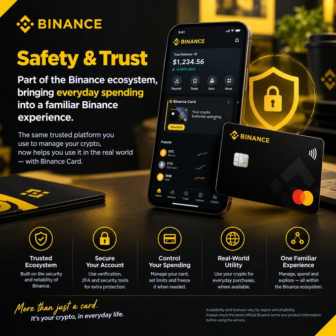 A Binance promotional graphic emphasizing "Safety & Trust" for the Binance Card, featuring a smartphone displaying the Binance app with a balance of $1,234.56 (Bitcoin up 2.45%) alongside a black Binance Mastercard, highlighting features like Trusted Ecosystem, Secure Account, spending controls, and real-world utility. The image visually reinforces the post's message about trust being essential to everyday crypto spending within the familiar Binance ecosystem.