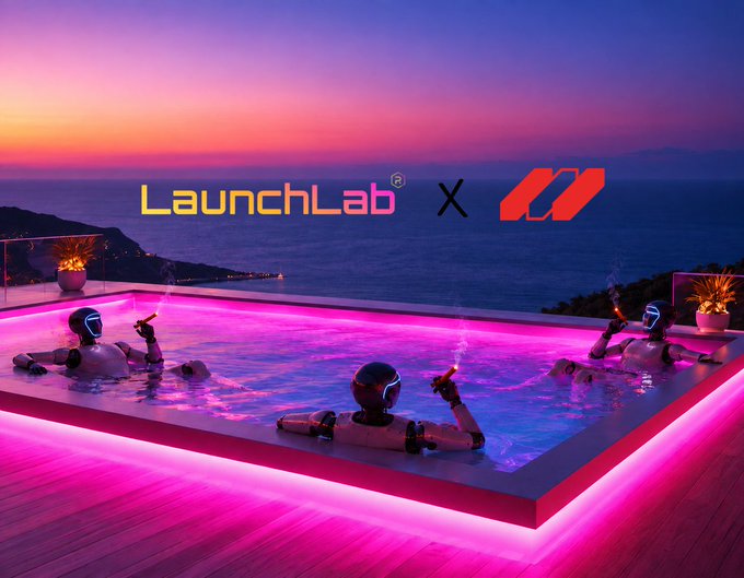 A vibrant promotional image for the "LaunchLab x machine.fun" partnership features three humanoid robots relaxing in a pink LED-lit infinity pool at sunset, holding drinks and a cigar while overlooking the ocean—visually blending themes of relaxation and futuristic technology to represent the collaboration between machine.fun (robotics/hardware) and Raydium LaunchLab (onchain token launches).