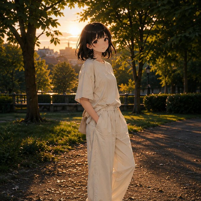 An anime-style illustration of a young girl with short black hair wearing a cream-colored outfit, standing in a park at sunset with warm golden lighting filtering through trees.