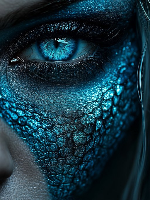 A close-up digital artwork of a face featuring a vivid blue eye surrounded by blue scaly, textured skin.