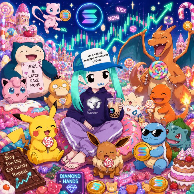 Vibrant AI-generated crypto illustration featuring Hatsune Miku-style character surrounded by Pokémon (Pikachu, Eevee, Charmander, Snorlax, etc.), candy, and Solana (SOL) logos with text 'HODL & CATCH RARE MONS', 'im a valued member of present society', and 'Diamond Hands'.