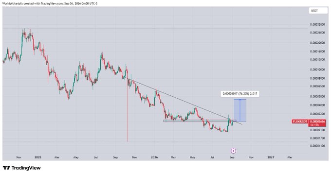 A TradingView chart of FLOKI/USDT shows a descending trendline with a potential bullish breakout setup, marked by a 76.20% projected move to 0.00002017 and current price at 0.00000946, suggesting the meme coin is consolidating before a potential rally.