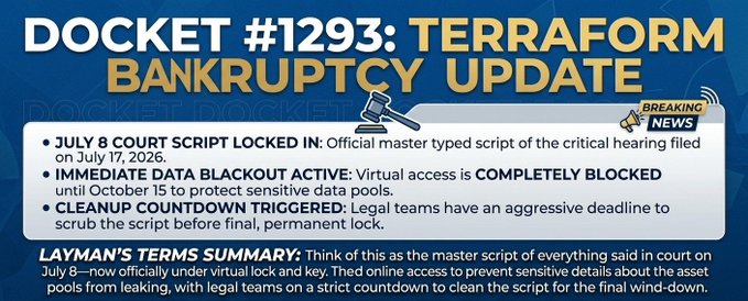 A 'TerraForm Bankruptcy Update' news graphic for Docket #1293, mentioning a July 8 court script, immediate data blackout, and cleanup countdown related to Terraform financial proceedings.