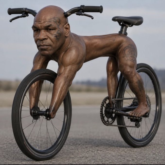 A surreal, AI-generated image of a muscular bald man with tattoos, with bicycle handlebars emerging from his head and his body contorted into the shape of a bicycle on a road.