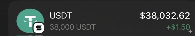 The image shows a screenshot of a post that reads "I want to send $38,000 to another follower who has never won Just say '$USDT'". The post includes a link to an account where the money will be sent.