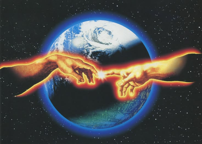 A digital artwork depicting two glowing fiery hands reaching toward each other (reminiscent of Michelangelo's Creation of Adam) with fingertips almost touching, set against a planet Earth floating in a starry space background.