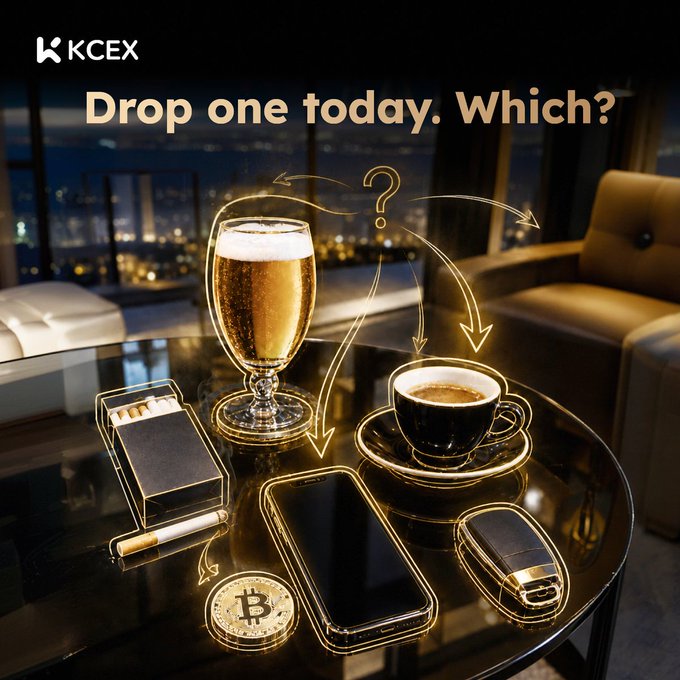 A KCEX promotional graphic asking 'Drop one today. Which?' featuring a beer, coffee, cigarette pack, phone, Bitcoin coin, and car key on a glass table.