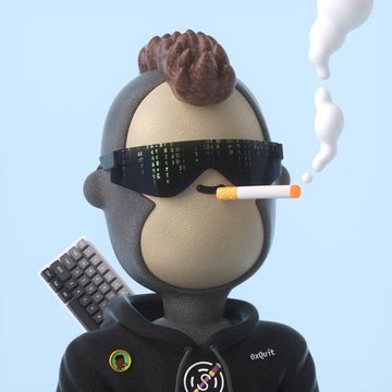A 3D-rendered character with a mohawk, digital visor, and a cigarette in its mouth holds a keyboard against a blue background.
