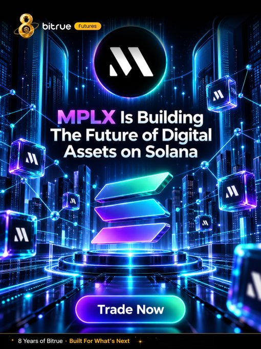 A promotional Bitrue Futures advertisement featuring a futuristic neon cityscape with floating MPLX tokens, promoting the tagline "MPLX Is Building The Future of Digital Assets on Solana" alongside a "Trade Now" button, directly supporting the post's message about Metaplex's ($MPLX) role in developing onchain digital asset infrastructure on the Solana ($SOL) network.