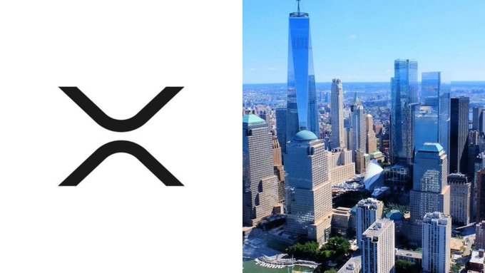The XRP (X) logo is displayed alongside an aerial view of the World Trade Center and the Manhattan financial district skyline. The image visually connects the XRP cryptocurrency brand to a major US banking hub, symbolizing the financial sector's potential involvement in the "vertical black swan" prediction about XRP's value flipping Bitcoin.