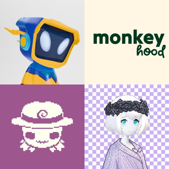 A four-panel collage featuring a yellow and blue robot character, the 'monkey hood' logo, a pixel-art skull with a pink swirl hat on a magenta background, and a 3D anime-style character with white hair on a checkered background.
