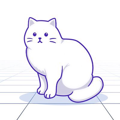 A minimalist illustration of a cute white cartoon cat with purple outlines sitting on a grid-patterned floor.